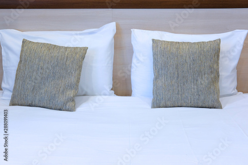 Fototapeta Naklejka Na Ścianę i Meble -  Pillows on a sofa in a hotel bedroom in Mosocw region, Russia
