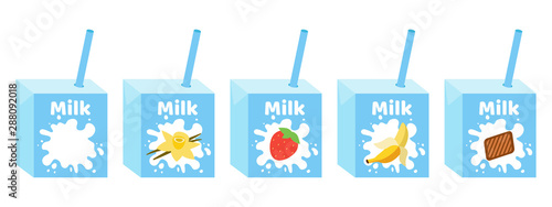 Set milk box with tubule. Drink for children. White splash. Natural breakfast, snack with vitamins from cow. Healthy food for kids. Vector illustration on white background
