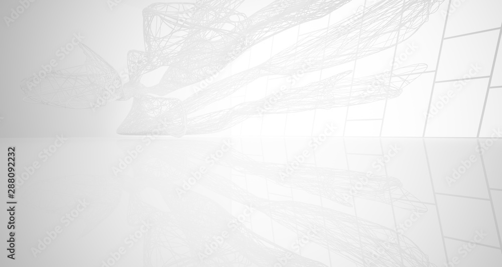 White smooth architectural interior of chaotic lines. 3D illustration and rendering