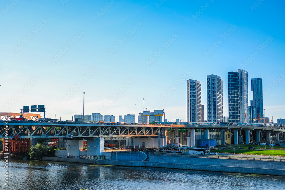 Moscow, Russia - August, 28, 2019: veiw to Moscow river and the Third Ring highway