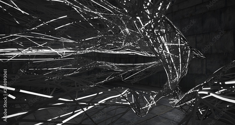 Empty dark abstract concrete smooth architectural interior of chaotic lines. Night view of the illuminated. 3D illustration and rendering Empty dark abstract concrete smooth architectural interior of chaotic lines. Night view of the illuminated. 3D illustration and rendering