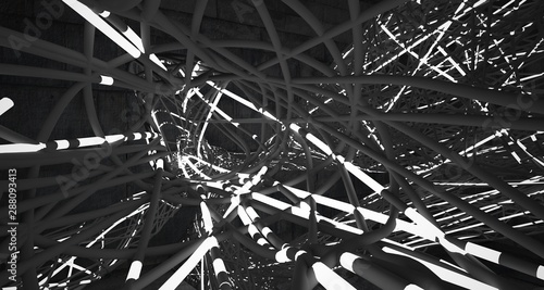Empty dark abstract concrete smooth architectural interior of chaotic lines. Night view of the illuminated. 3D illustration and rendering