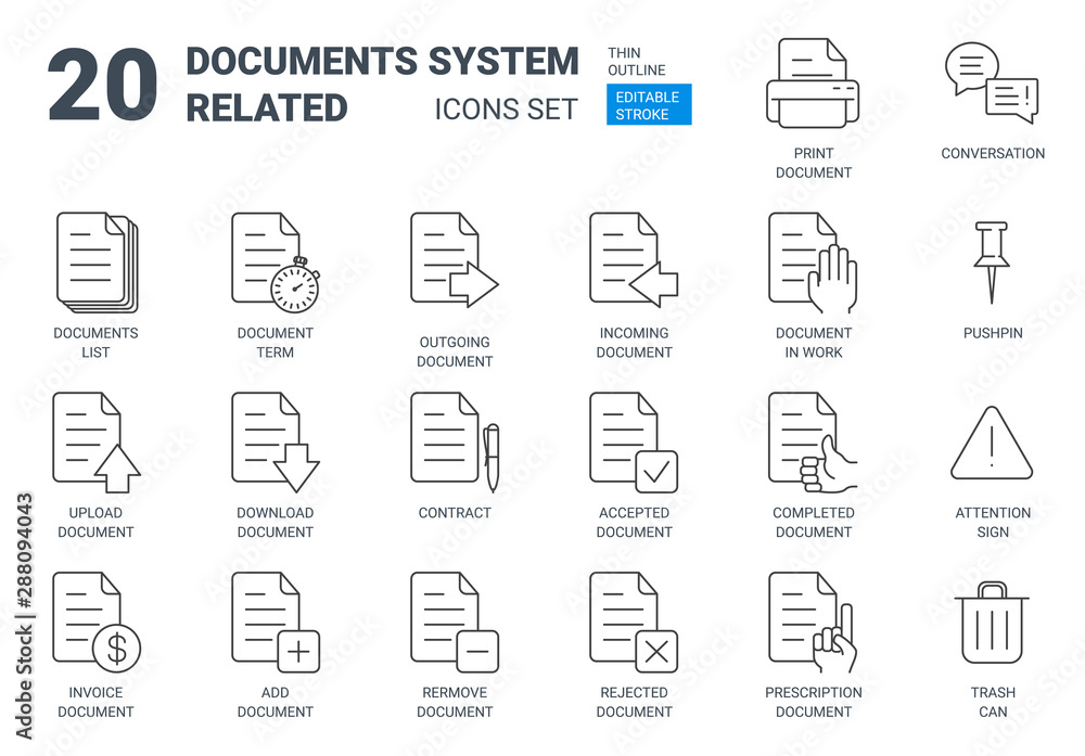 Documents management system icons set with outline style Documents management system icons set with outline style