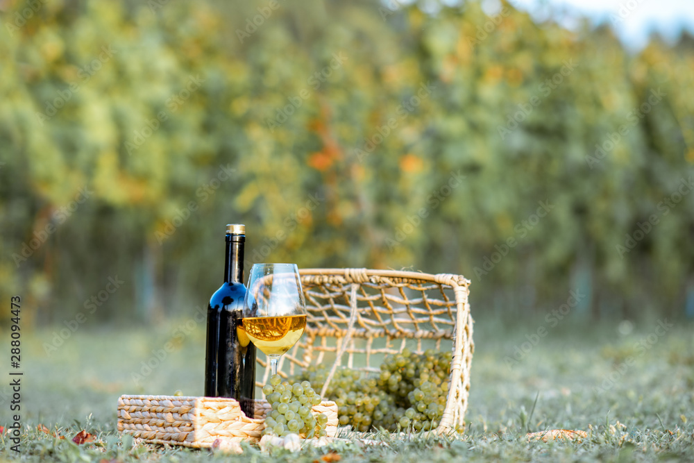 Wine glass and bottle with wicker baskets and grapes on the grass on the vineyard