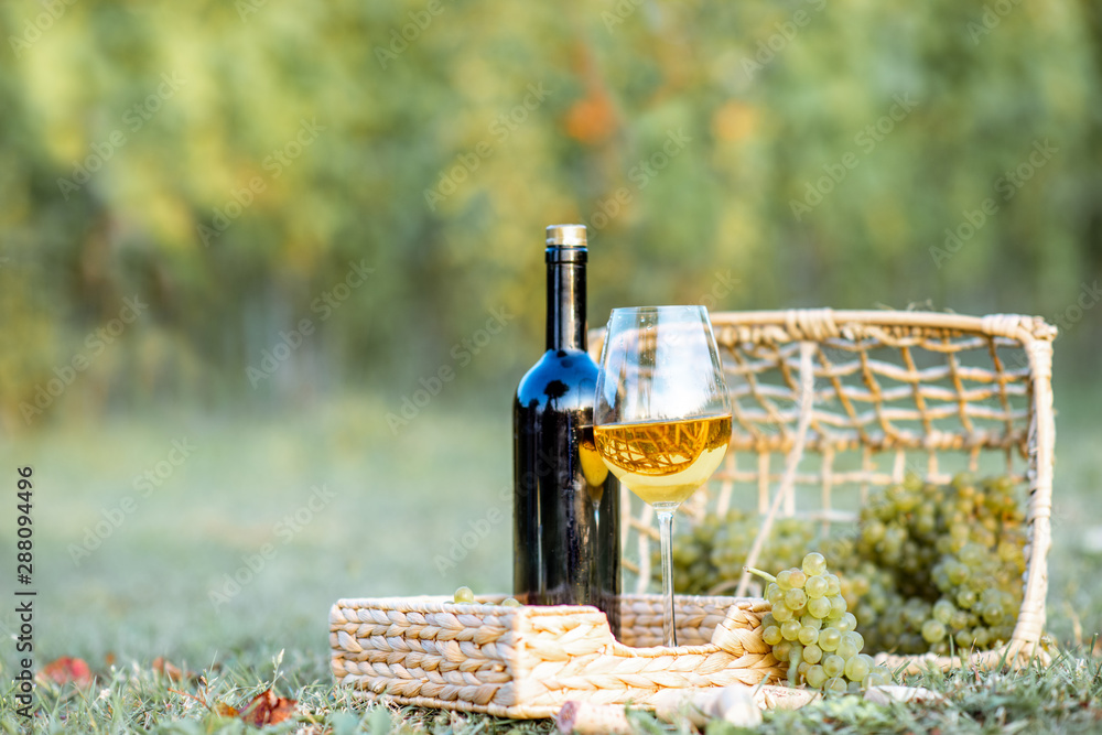 Wine glass and bottle with wicker baskets and grapes on the grass on the vineyard