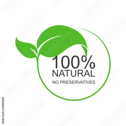 Text: 100 percent natural. No preservatives. Flat logo on white background. Isolated. 