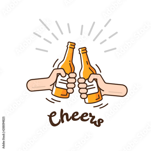 Two hands clink bottles with beer. Beer background concept for banners, posters, flyers and promotional material. People in the pub clink mugs of beer. Friends having fun at the party.