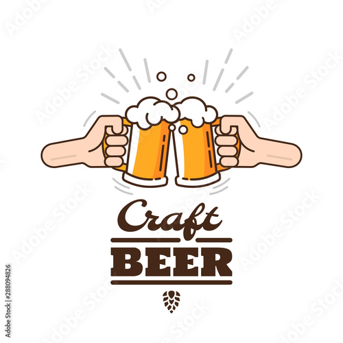 Two hands clink mugs with beer. Beer background concept for banners, posters, flyers and promotional material. People in the pub clink mugs of beer. Friends having fun at the party.