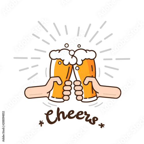 Two hands clink glasses with beer. Beer background concept for banners, posters, flyers and promotional material. People in the pub clink mugs of beer. Friends having fun at the party