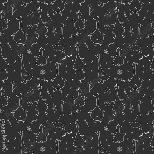 Cute Goose Seamless Pattern  Cartoon Hand Drawn Goose Doodles Vector Background Illustration