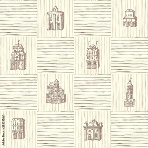 Vector seamless pattern with old hand drawn houses in retro style. Repeatable background with old style building facades. Suitable for wallpaper, wrapping paper, textile, fabric