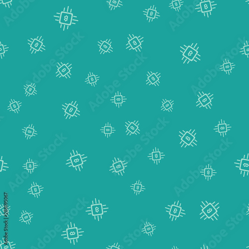 Green CPU mining farm icon isolated seamless pattern on green background background. Bitcoin sign inside processor. Cryptocurrency mining community. Digital money. Vector Illustration