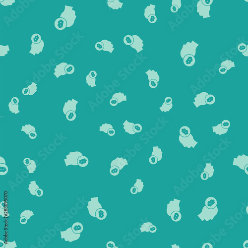 Green Bitcoin think icon isolated seamless pattern on green background background. Cryptocurrency head. Blockchain technology, digital money market, cryptocoin wallet. Vector Illustration