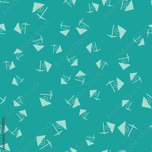 Green Cryptocurrency cloud mining icon isolated seamless pattern on green background background. Cloud with pickaxe, bitcoin, digital money market, cryptocoin wallet. Vector Illustration