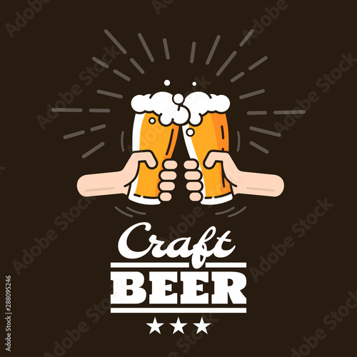 Two hands clink glasses with beer. Beer background concept for banners, posters, flyers and promotional material. People in the pub clink mugs of beer. Friends having fun at the party