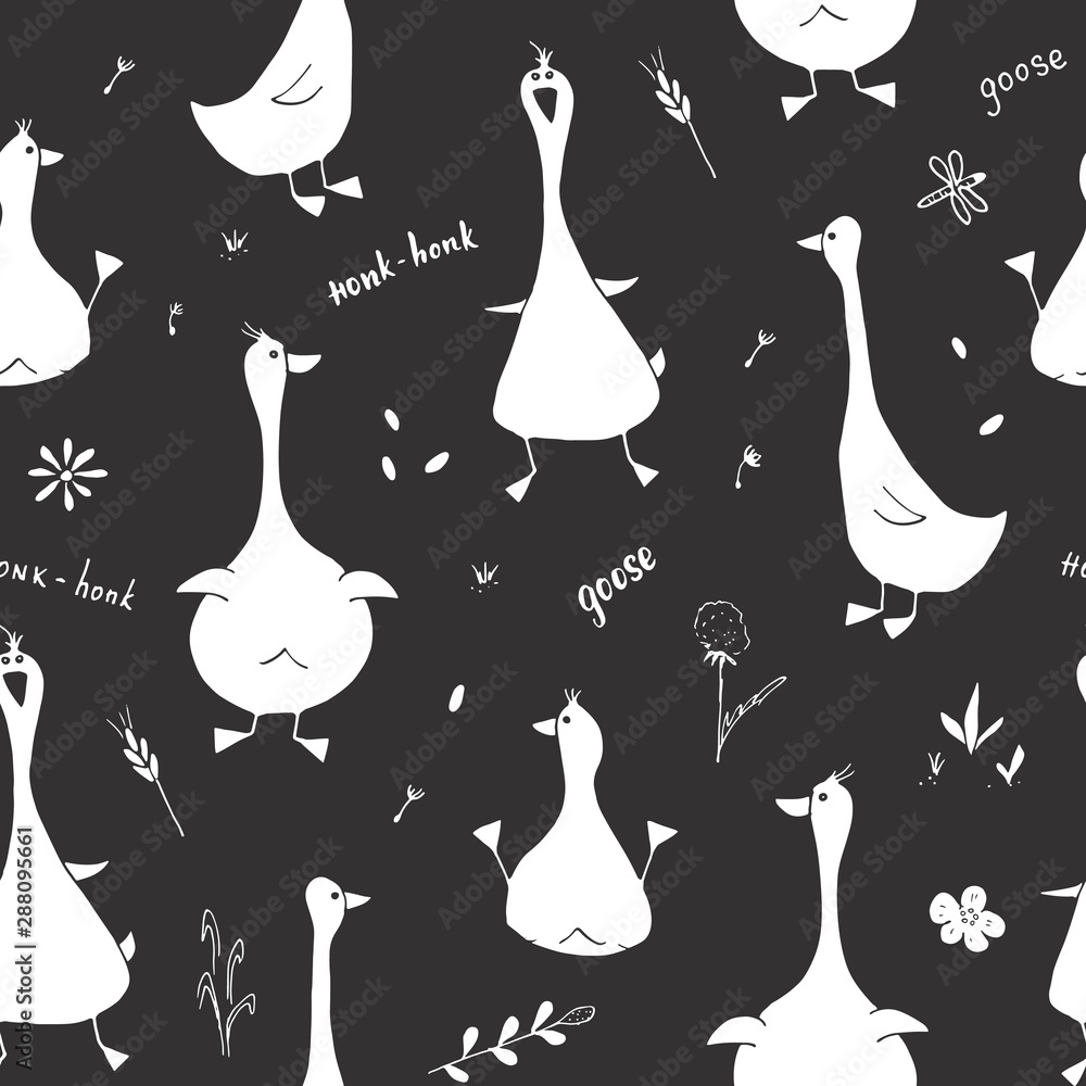Cute Goose Seamless Pattern, Cartoon Hand Drawn Goose Doodles Vector Background Illustration Cute Goose Seamless Pattern, Cartoon Hand Drawn Goose Doodles Vector Background Illustration