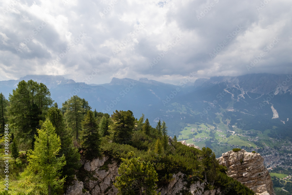 Cortina de Ampezzo. Beautiful sunny mountain landscape of Dolomite Alps in Nothern Italy