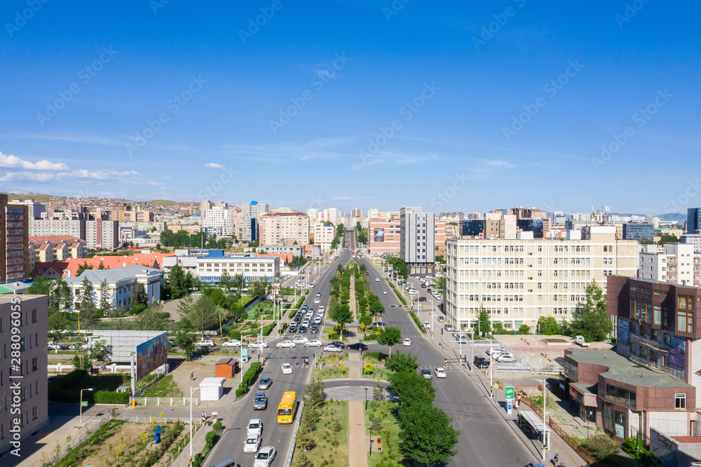 Aerial view of Ulaanbaatar, the capital of Mongolia, circa June 2019