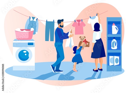 Happy Family Washing and Drying Clothes, Chores