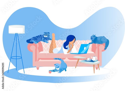 Woman Lying on Couch with Laptop and Cats around