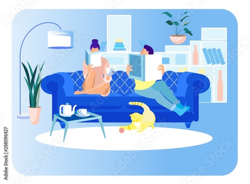 Couple Woman and Man Sitting on Sofa Reading Books