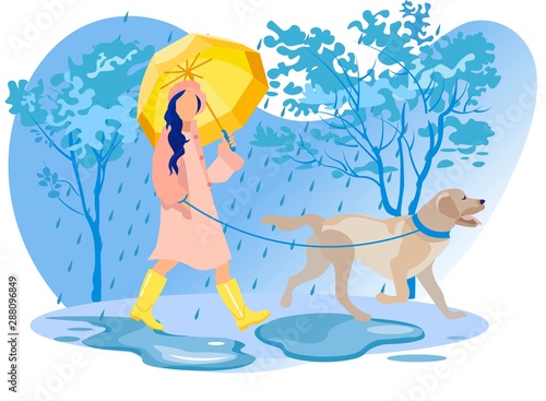 Woman Character in Cloak and Boots Walk with Dog