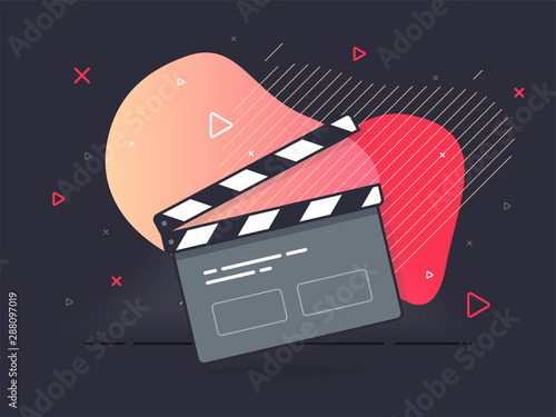 Film clapper board icon concept. Film making device, video movie clapper equipment. Trendy flat vector on fluid background. Vector Illustration.