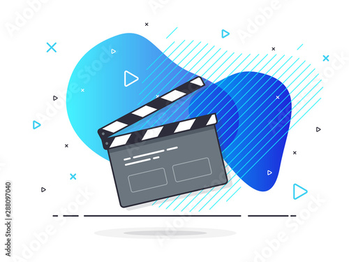 Film clapper board icon concept. Film making device, video movie clapper equipment. Trendy flat vector on fluid background. Vector Illustration.