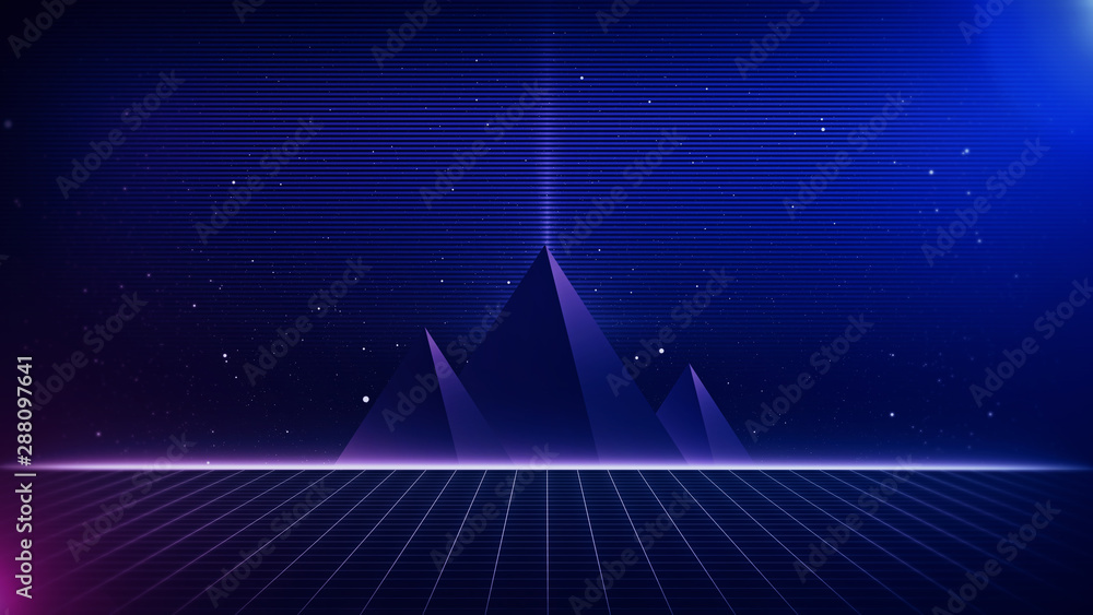 Retro Sci-Fi Background Futuristic landscape of the 80`s. Digital Cyber Surface. Suitable for design in the style of the 1980`s