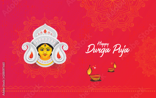 Happy Durga Puja Festival Celebration Greeting Background Template Design with Goddess Durga Face Illustration