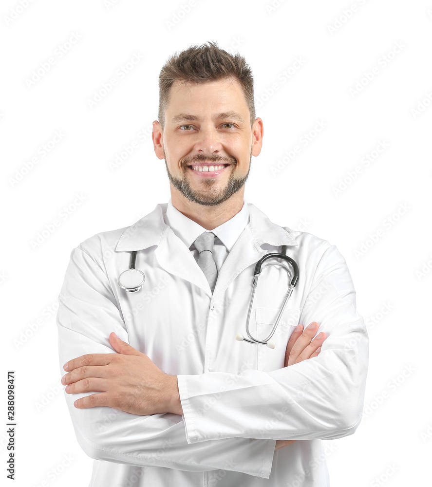 Male doctor with stethoscope on white background Male doctor with stethoscope on white background