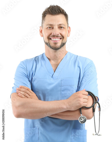 Male nurse with stethoscope...