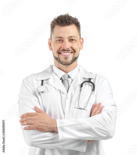 Male doctor with stethoscope on white background © Pixel-Shot