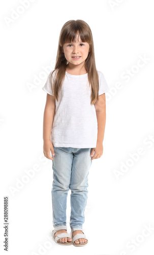 Little girl in stylish t-shirt on white background