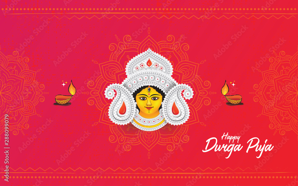 Happy Durga Puja Festival Celebration Greeting Background Template Design  with Goddess Durga Face Illustration Stock Vector | Adobe Stock
