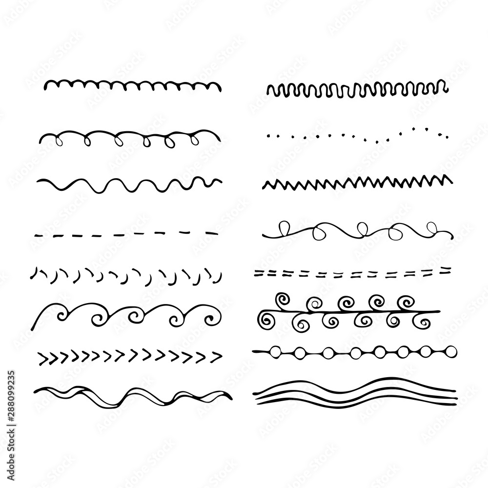 Set of lines. Hand drawn vector borders. Vintage doodle underlines. Cartoon pattern element. Grunge frame set. Marker strokes collection. Brushes elements for your design