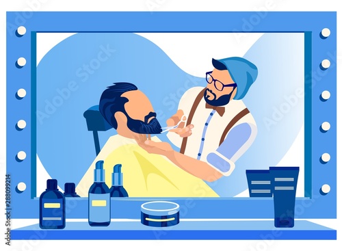 Barber Cutting Customers Beard at Huge Mirror
