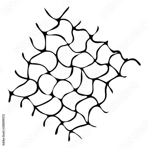 Deformed, warped, distorted hand drawn lattice, fishing net, trellis, grating texture, pattern. Black and white vector background. Crossing wavy diagonal doodle