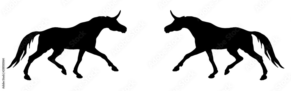  isolated image of the figure, the black silhouettes of two running unicorns on a white background