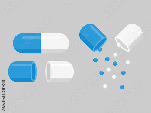 Group of Medicine white blue pills, pharmacy, tablet, capsule, hospital set of drugs with labels. Medication, pharmaceutics medical healthcare concept. Vector illustration