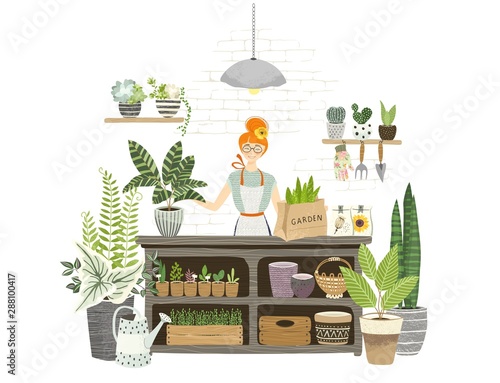 Charming girl shop assistant stands at the table with plants, seedling, watering can, flowers pots in garden shop for cultivating home garden. Florist working and checkout. Flat cartoon illustration.