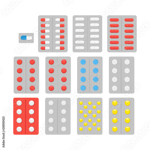 Set of several colorful Medicine, pharmacy, tablet, capsule, hospital set of drugs with labels. Medication, pharmaceutics medical healthcare concept. Vector illustration