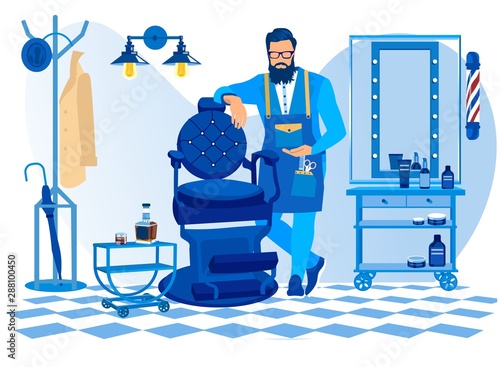 Bearded Barber Wearing Apron with Haircut Tools