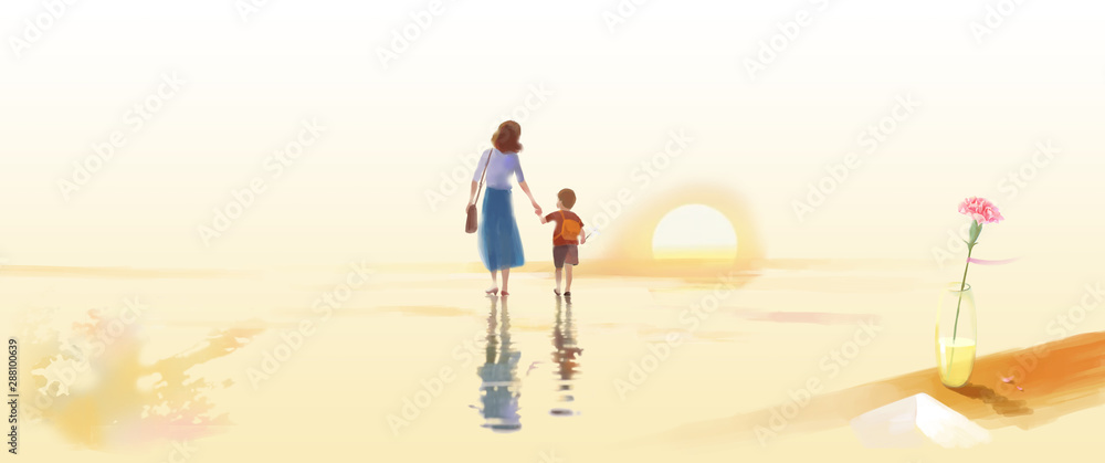 Fototapeta premium Mother's Day, Warm, Carnation, School, Home, Sunset, Sunset, Illustration, Mother, Accompaniment, Mother, Mother and Son, Childhood, Accompaniment, Family, Thanksgiving, Thanksgiving Season,