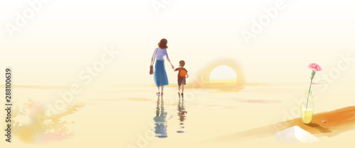 Mother's Day, Warm, Carnation, School, Home, Sunset, Sunset, Illustration, Mother, Accompaniment, Mother, Mother and Son, Childhood, Accompaniment, Family, Thanksgiving, Thanksgiving Season,