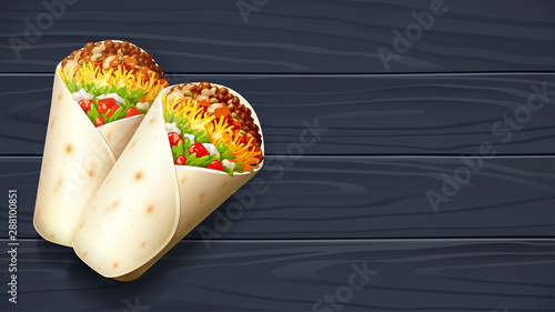 Burrito. Mexican National Traditional Food. Burritos with Cheese, Tomato, Stuffing, Tortilla. Black wooden background. Corn wrap, salad leaves, tomatoes, cheese and chicken meat. Vector illustration.