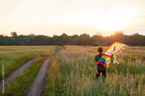 A child plays with a kite at sunset in the field.