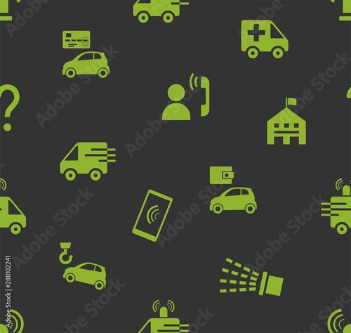 Emergency services, seamless pattern, flat, gray, green, color, vector. Emergency medical and fire assistance, reference services. Green images on the grey box. 