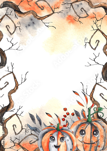 Watercolor autumn frames for children's Halloween party with pumpkins, hats, black cat, owl, cauldron, bat, Lollipop, ice cream, balloons