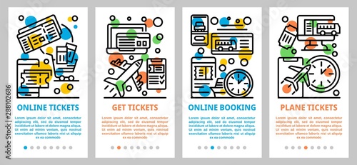 Online tickets booking banner set. Outline set of online tickets booking vector banner for web design